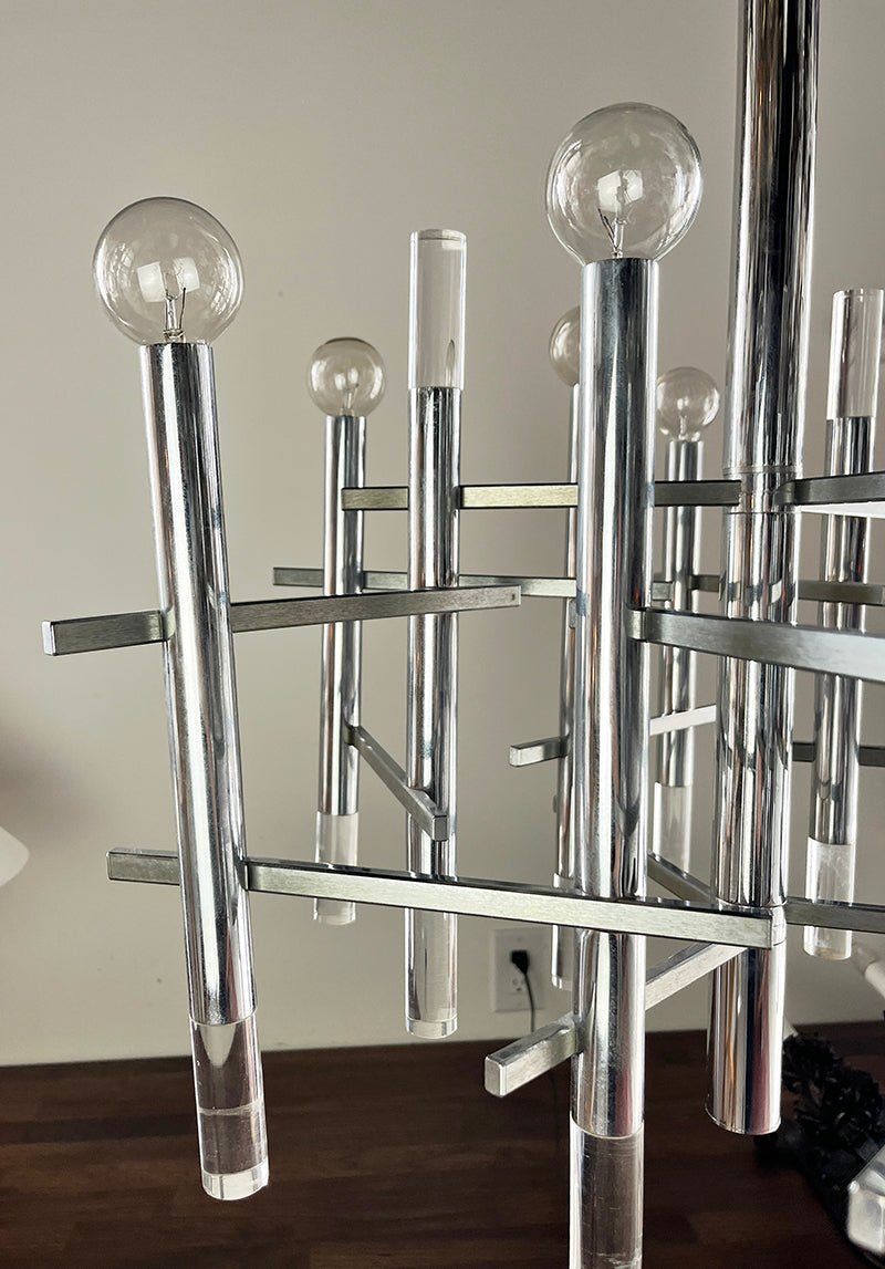 Vintage 1970s Signed Gaetano Sciolari Nine Light Chrome and Lucite