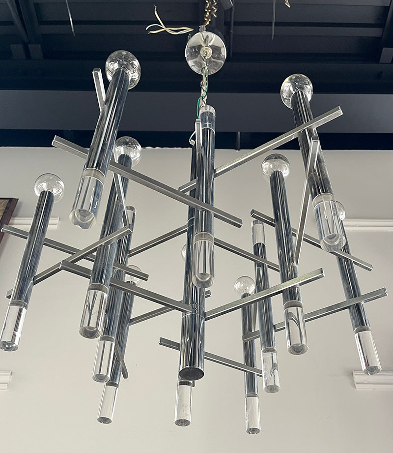 Vintage 1970s Signed Gaetano Sciolari Nine Light Chrome and Lucite