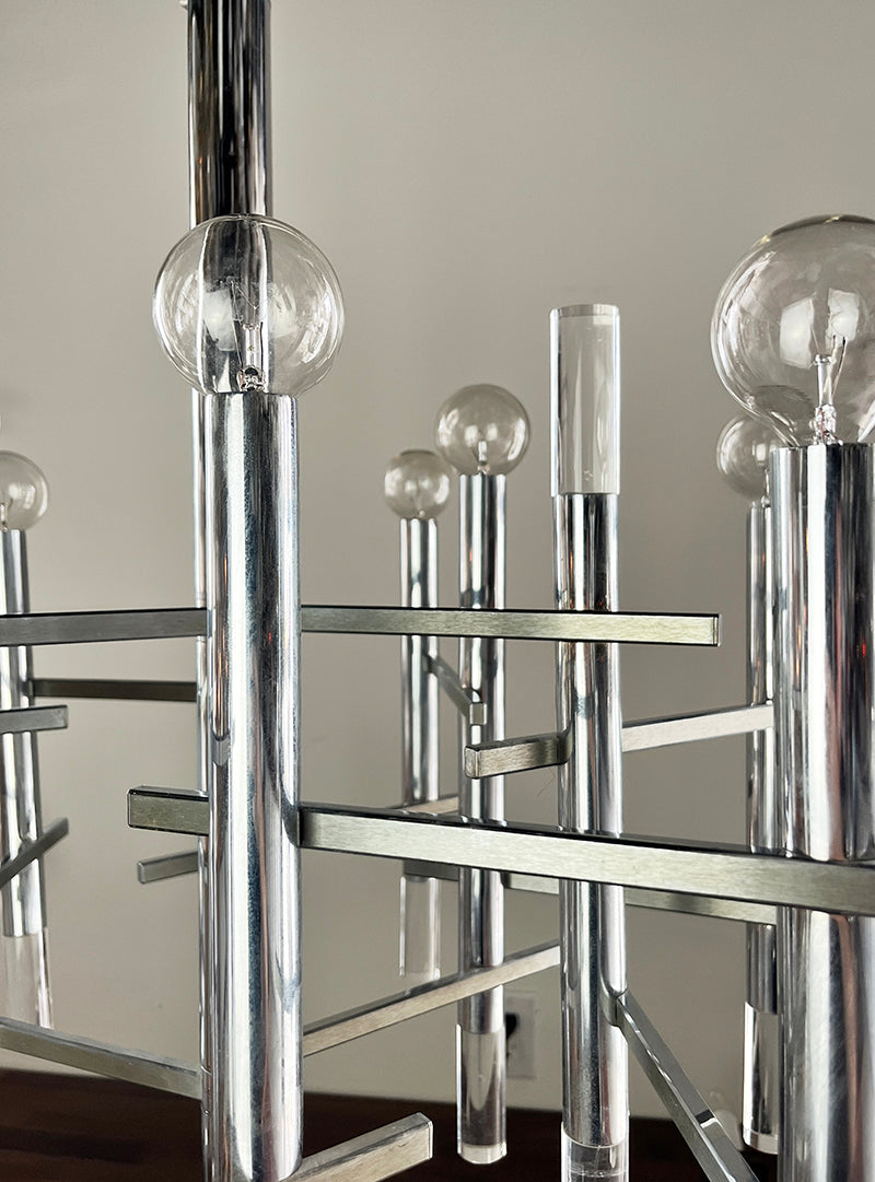 Vintage 1970s Signed Gaetano Sciolari Nine Light Chrome and Lucite