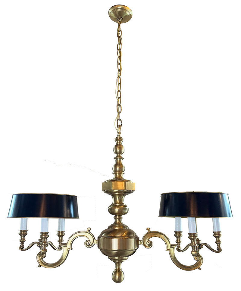Elegant High Quality Cast Brass 1970s Champman Double Arm Georgian Revival Fixture with Black and Brass Tole Shades
