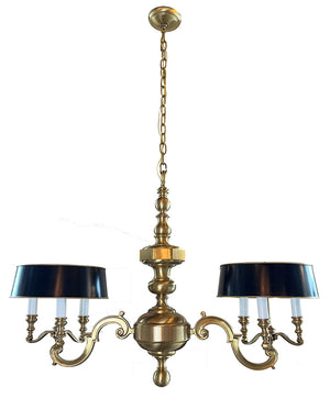 Elegant High Quality Cast Brass 1970s Champman Double Arm Georgian Revival Fixture with Black and Brass Tole Shades