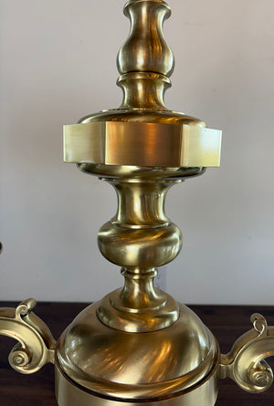 Elegant High Quality Cast Brass 1970s Champman Double Arm Georgian Revival Fixture with Black and Brass Tole Shades