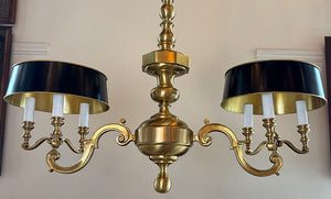 Elegant High Quality Cast Brass 1970s Champman Double Arm Georgian Revival Fixture with Black and Brass Tole Shades