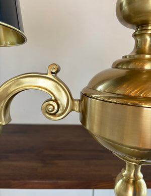 Elegant High Quality Cast Brass 1970s Champman Double Arm Georgian Revival Fixture with Black and Brass Tole Shades
