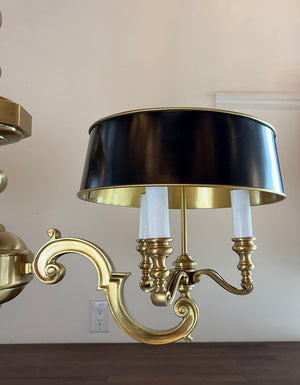 Elegant High Quality Cast Brass 1970s Champman Double Arm Georgian Revival Fixture with Black and Brass Tole Shades