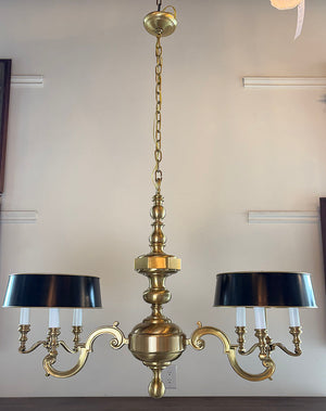 Elegant High Quality Cast Brass 1970s Champman Double Arm Georgian Revival Fixture with Black and Brass Tole Shades