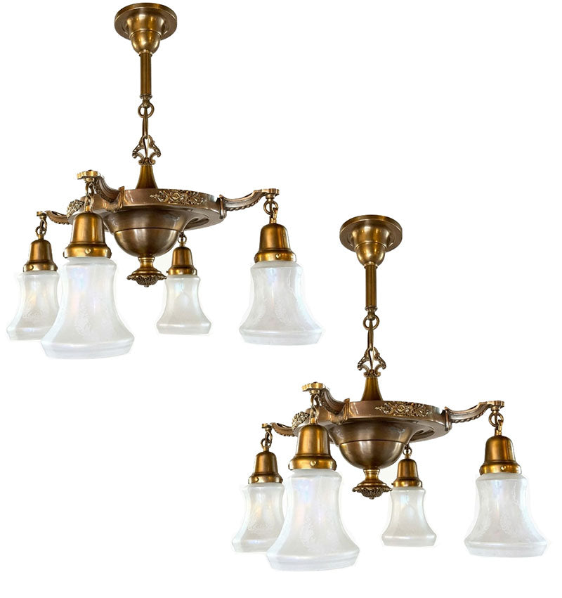 $2200 PAIR - Circa 1915 Edwardian Four Light Cast Arm Pan with Cast Floral Details and Antique Acid Etched Shades