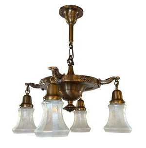 $2200 PAIR - Circa 1915 Edwardian Four Light Cast Arm Pan with Cast Floral Details and Antique Acid Etched Shades