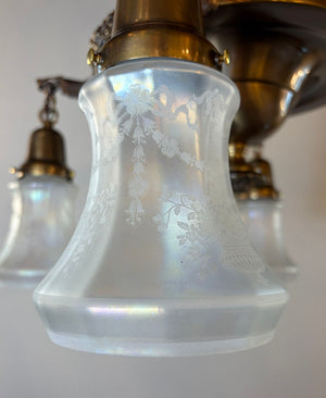 $2200 PAIR - Circa 1915 Edwardian Four Light Cast Arm Pan with Cast Floral Details and Antique Acid Etched Shades