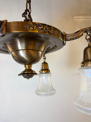 $2200 PAIR - Circa 1915 Edwardian Four Light Cast Arm Pan with Cast Floral Details and Antique Acid Etched Shades