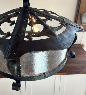 Incredible Antique Circa 1900 Large Arts and Crafts Hand Hammered Wrought Iron Fixture