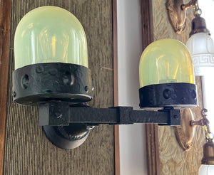 $1100 PAIR - Rare Pair of early 1900s Double Light Arts and Crafts Hammered Wall Sconces with Original Verdegris FInish and Vaseline Bullet Shades