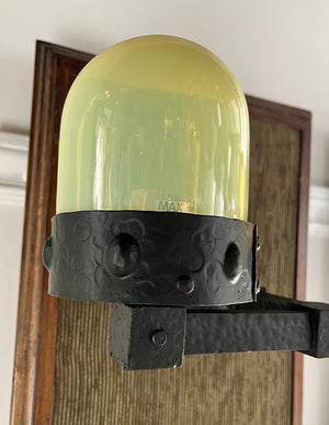 $1100 PAIR - Rare Pair of early 1900s Double Light Arts and Crafts Hammered Wall Sconces with Original Verdegris FInish and Vaseline Bullet Shades