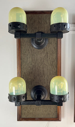 $1100 PAIR - Rare Pair of early 1900s Double Light Arts and Crafts Hammered Wall Sconces with Original Verdegris FInish and Vaseline Bullet Shades