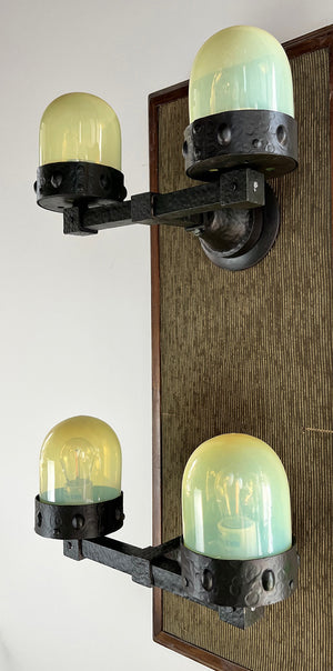 $1100 PAIR - Rare Pair of early 1900s Double Light Arts and Crafts Hammered Wall Sconces with Original Verdegris FInish and Vaseline Bullet Shades
