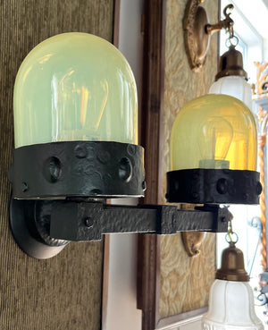 $1100 PAIR - Rare Pair of early 1900s Double Light Arts and Crafts Hammered Wall Sconces with Original Verdegris FInish and Vaseline Bullet Shades