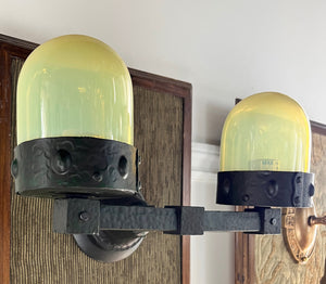 $1100 PAIR - Rare Pair of early 1900s Double Light Arts and Crafts Hammered Wall Sconces with Original Verdegris FInish and Vaseline Bullet Shades