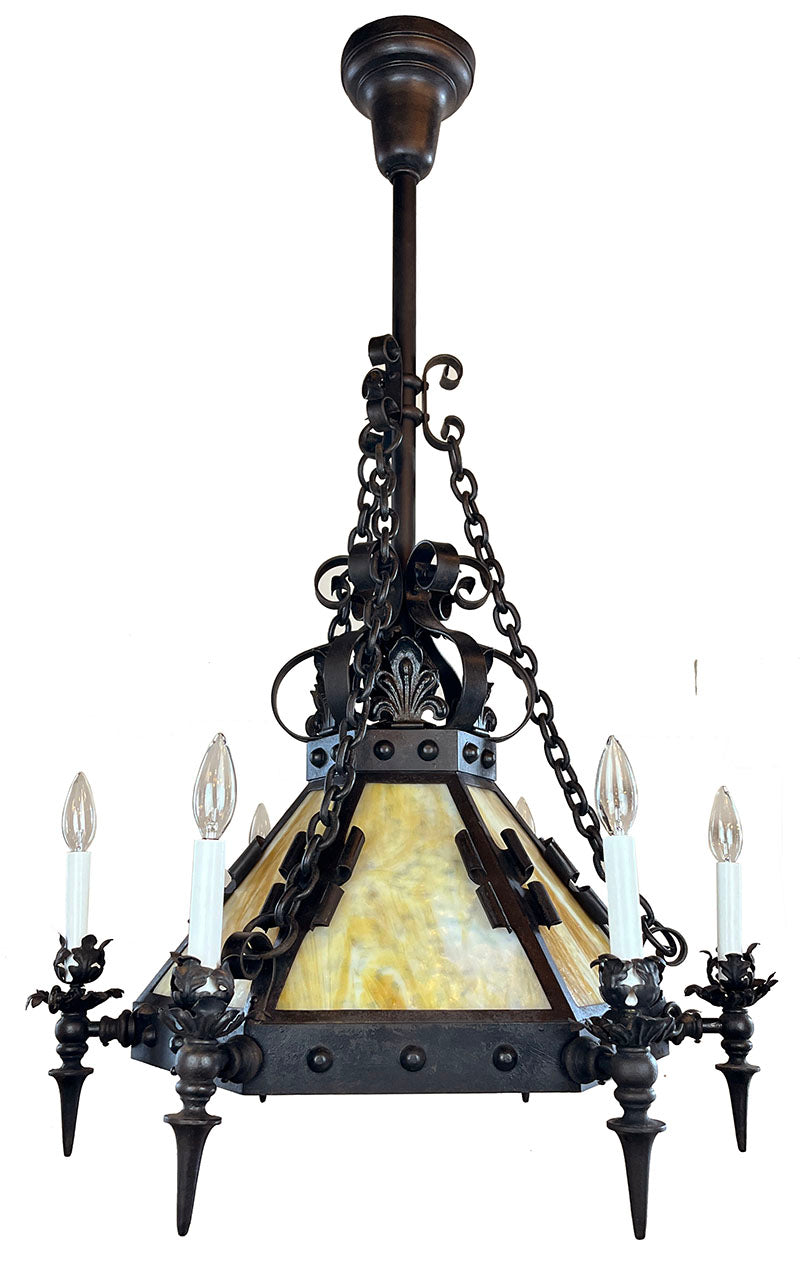 Incredible Antique Late 1890s early 1900s Wrought and Cast Arts and Crafts Six Arm Converted Gas Electric Chandelier with Slag Glass Center Shade