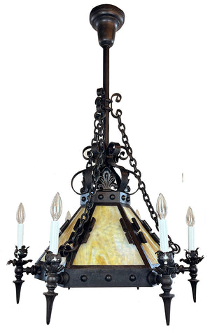 Incredible Late 1890s early 1900s Wrought and Cast Arts and Crafts Six Arm Converted Gas Electric Chandelier with Slag Glass Center Shade