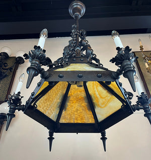 Incredible Antique Late 1890s early 1900s Wrought and Cast Arts and Crafts Six Arm Converted Gas Electric Chandelier with Slag Glass Center Shade