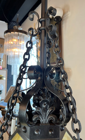 Incredible Antique Late 1890s early 1900s Wrought and Cast Arts and Crafts Six Arm Converted Gas Electric Chandelier with Slag Glass Center Shade