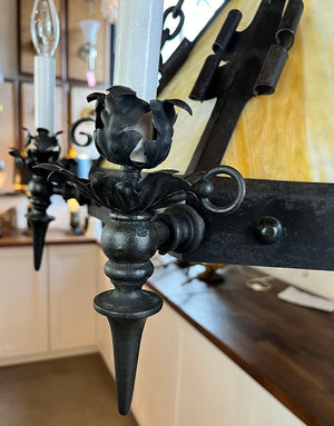 Incredible Antique Late 1890s early 1900s Wrought and Cast Arts and Crafts Six Arm Converted Gas Electric Chandelier with Slag Glass Center Shade
