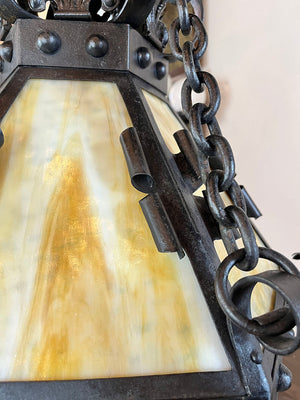 Incredible Antique Late 1890s early 1900s Wrought and Cast Arts and Crafts Six Arm Converted Gas Electric Chandelier with Slag Glass Center Shade