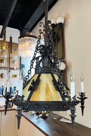 Incredible Antique Late 1890s early 1900s Wrought and Cast Arts and Crafts Six Arm Converted Gas Electric Chandelier with Slag Glass Center Shade