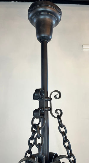 Incredible Antique Late 1890s early 1900s Wrought and Cast Arts and Crafts Six Arm Converted Gas Electric Chandelier with Slag Glass Center Shade