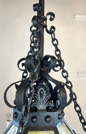 Incredible Antique Late 1890s early 1900s Wrought and Cast Arts and Crafts Six Arm Converted Gas Electric Chandelier with Slag Glass Center Shade