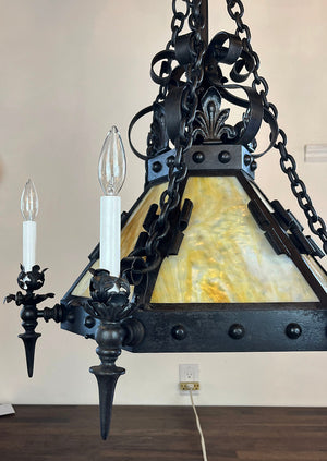 Incredible Antique Late 1890s early 1900s Wrought and Cast Arts and Crafts Six Arm Converted Gas Electric Chandelier with Slag Glass Center Shade