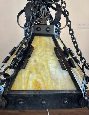 Incredible Antique Late 1890s early 1900s Wrought and Cast Arts and Crafts Six Arm Converted Gas Electric Chandelier with Slag Glass Center Shade
