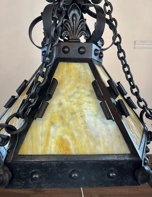 Incredible Late 1890s early 1900s Wrought and Cast Arts and Crafts Six Arm Converted Gas Electric Chandelier with Slag Glass Center Shade