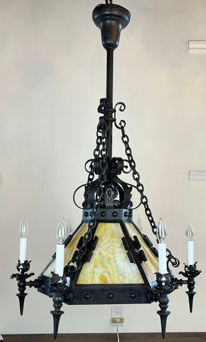 Incredible Antique Late 1890s early 1900s Wrought and Cast Arts and Crafts Six Arm Converted Gas Electric Chandelier with Slag Glass Center Shade