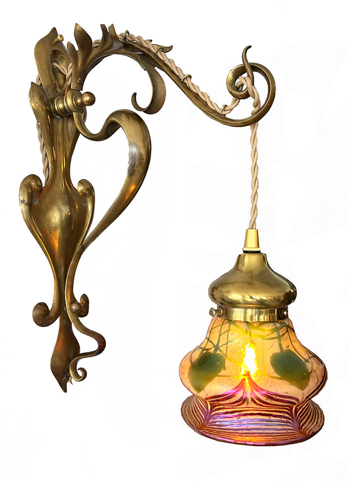 Antique Early 1900s French Art Nouveau Wall Sconce with Loetz Pulled Feather Heart and Vine Shade