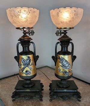$2,400 PAIR - Antique Circa 1880s, Incredible Eastlake Gas Portable Table Lamps with Sparrow and Griffin Motifs