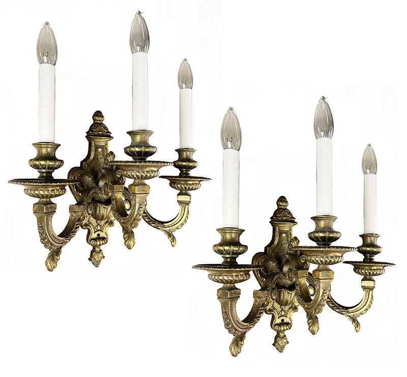 $1800 PAIR - Antique Circa 1900 Pair of French Three Light Cast Bronze Beaux Arts Wall Sconces