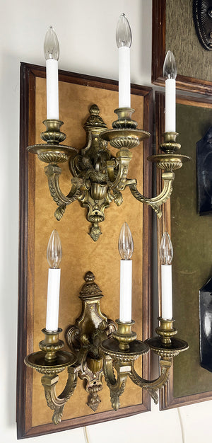 $1800 PAIR - Antique Circa 1900 Pair of French Three Light Cast Bronze Beaux Arts Wall Sconces