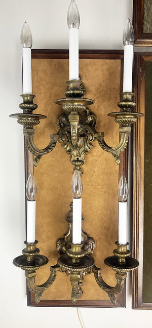 $1800 PAIR - Antique Circa 1900 Pair of French Three Light Cast Bronze Beaux Arts Wall Sconces