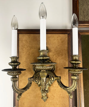 $1800 PAIR - Antique Circa 1900 Pair of French Three Light Cast Bronze Beaux Arts Wall Sconces