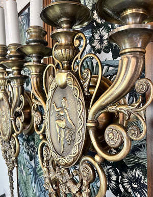 $3000 PAIR - Immaculate and Rare Pair of Large Early 1900s Bronze Beaux Arts Candelabra Sconces with Figural Cameo