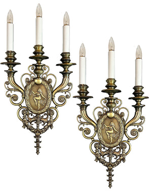 $3000 PAIR - Immaculate and Rare Pair of Large Early 1900s Bronze Beaux Arts Candelabra Sconces with Figural Cameo