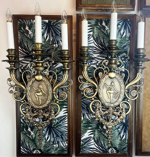 $3000 PAIR - Immaculate and Rare Pair of Large Early 1900s Bronze Beaux Arts Candelabra Sconces with Figural Cameo