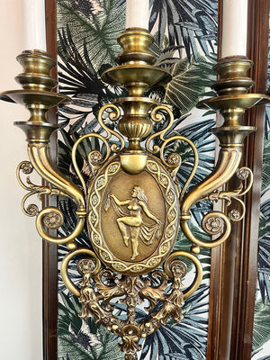 $3000 PAIR - Immaculate and Rare Pair of Large Early 1900s Bronze Beaux Arts Candelabra Sconces with Figural Cameo