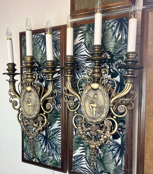 $3000 PAIR - Immaculate and Rare Pair of Large Early 1900s Bronze Beaux Arts Candelabra Sconces with Figural Cameo