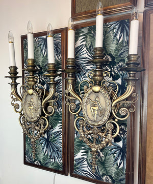 $3000 PAIR - Immaculate and Rare Pair of Large Early 1900s Bronze Beaux Arts Candelabra Sconces with Figural Cameo