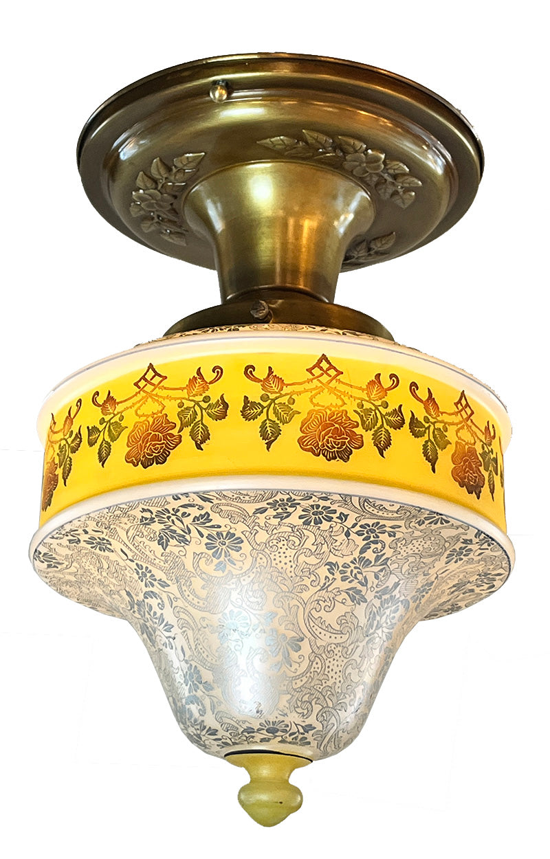 Antique Circa 1925-30 Bellova Floral Pattern Painted and Etched Flush Mount