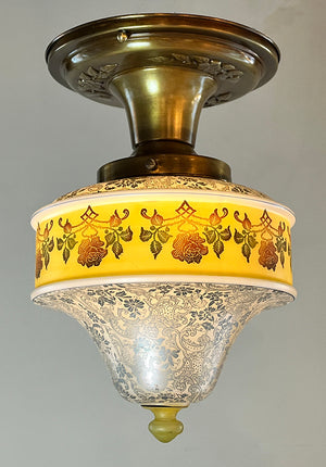Antique Circa 1925-30 Bellova Floral Pattern Painted and Etched Flush Mount