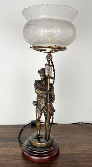 Antique Late 1880s early 1880s Figural Lamp Attributed to Bradley and Hubbard with Antique Acid Etched Crown Top Shade