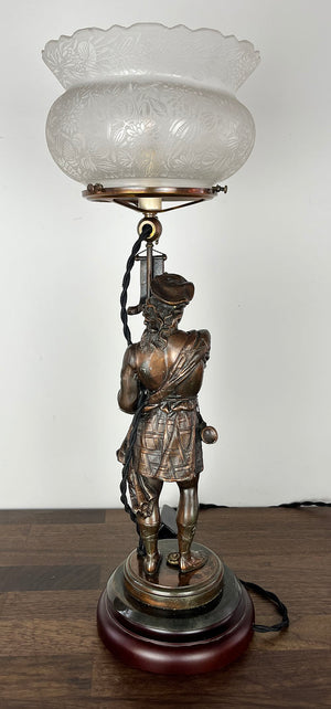 Antique Late 1880s early 1880s Figural Lamp Attributed to Bradley and Hubbard with Antique Acid Etched Crown Top Shade